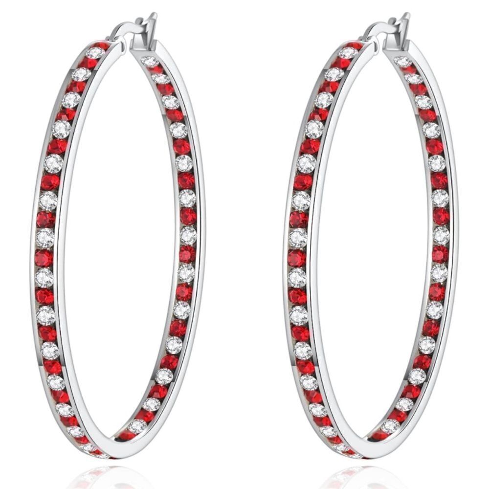 14K White Gold with Ruby Red and White Diamond Cubic Zirconia Big Hoop Earrings